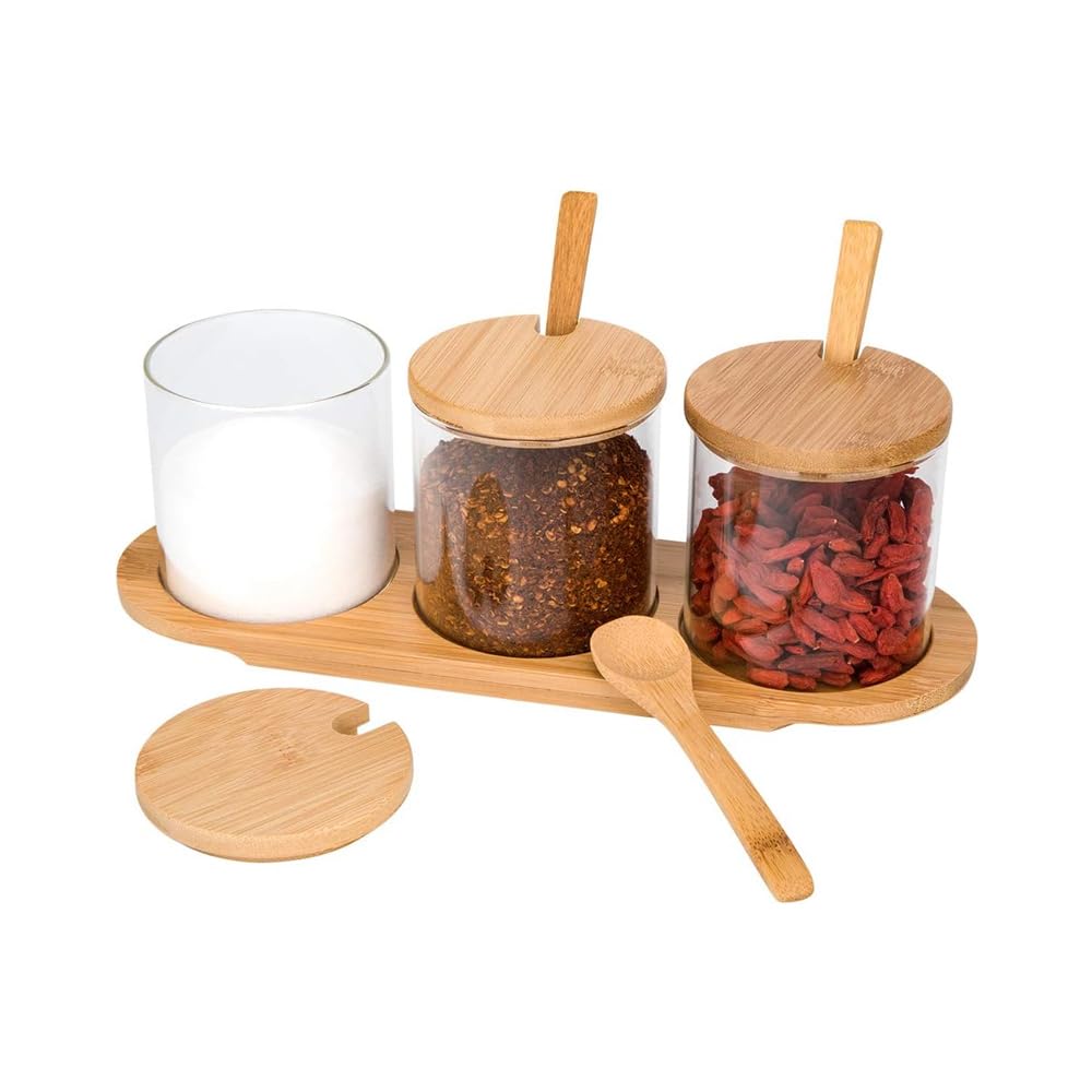 AMERTEER Bamboo Storage Jars Set of 3, Airtight Glass Containers with Bamboo Lids for Kitchen Organization, Spice, Herb & Food Storage | Stylish, Sustainable Pantry Accessories