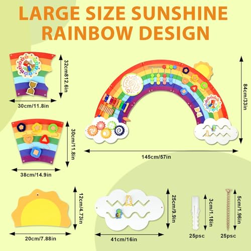 Image of 5FT Large Sunshine Rainbow Wooden Activity Wall Panel Christmas Gift Educational Montessori Toy for Toddler Kids Interactive Sensory Activity Busy Board Daycare Learning Center Toddler Room Decor