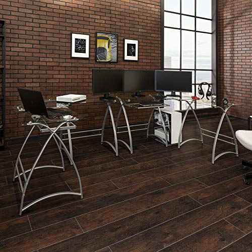 Walker Edison Modern Corner L Shaped Glass Computer Writing Gaming Gamer Command Center Workstation Desk Home Office, 51 Inch, Silver