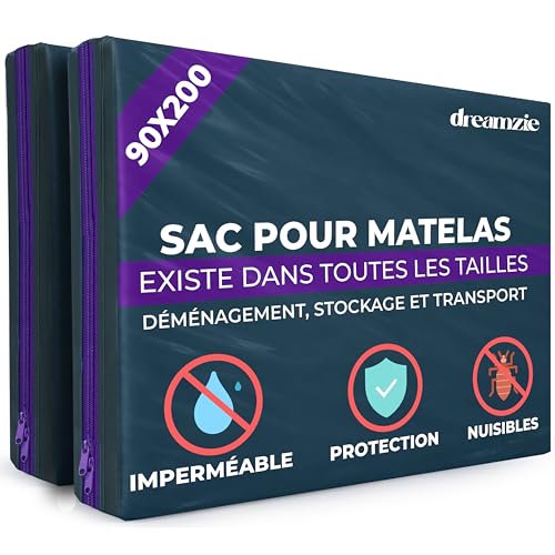 Dreamzie Housse Protection Matelas en Plastique Opaque, Sac de Demenagement, Stockage et Transport avec Fermeture Éclair (Épaisseur 30cm), Résistant aux Déchirures, Housse Matelas 90x200 cm, Lot de 2