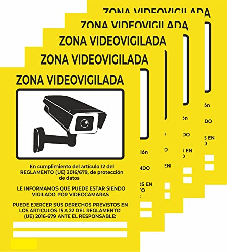 Señal Zona Videovigilada PACK 5 UNIDADES Cartel de PVC rígido 0,7mm 20 x 15cm Amarillo Tinta y Material Resistente Interiores y Exteriores. Señal homologada Cover