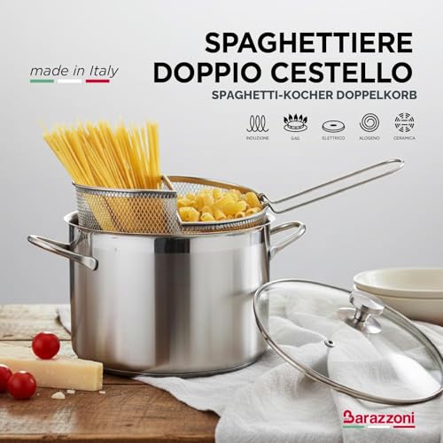 Foto von Barazzoni 421049524 Spaghetti-und Pastatopf mit Zwei Siebeinsätzen, Inhalt 7,25 l, Edelstahl 18/10, Grau, 24.5x34x17.7 cm