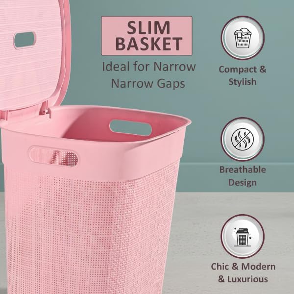 Image of KITCHIVO Plastic Large 55 Ltr Laundry Basket with Lid & Handle | Multipurpose Hamper Bins Storing Washable Clothes, Blankets | Household Ideal for Home & Bathroom (Woods Peach Laundry Basket)