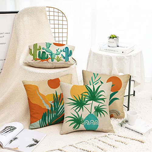 Fahrendom Boho Abstract Plant Leaf Sun Decorative Throw Pillow Cover 18X18 Set Of 4, Bohemian Nature Sunrise Mountain Tropical Cactus Home Decor, Minimalist Aesthetic Modern Art Outdoor Cushion Case #TOP3