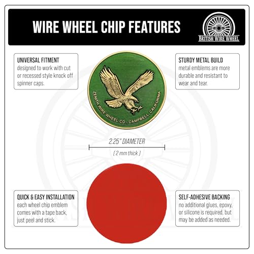 Image of Zenith Eagle Gold & Candy Green Metal Wheel Chip Emblems (Set of 4) | 24K Triple Gold Plated Solid Metal Wheel Chip Emblems, 2.25 inch | for Lowriders w /Recessed Knock Off Spinner Caps