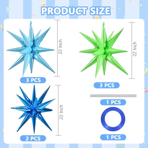 Image of TONIFUL 8 Pcs Blue and Green Explosion Star Foil Balloon Party Decoration | 22 Inch Large Mylar Star Balloons for Ocean & Sea Creature Baby Shower Dinosaur Themed Birthday Summer Pool Party Decorations