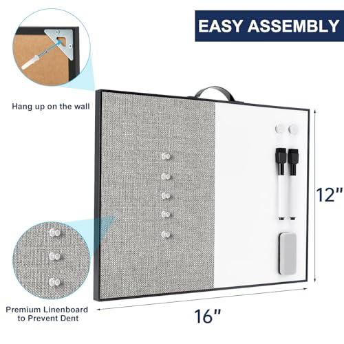 Image of Small White Board Cork-Board Combo - 16 X 12 inches Gray Linen Board & Magnetic Dry Erase Board for Wall, Mini Bulletin Cork Board with Holder for Office, Home and School