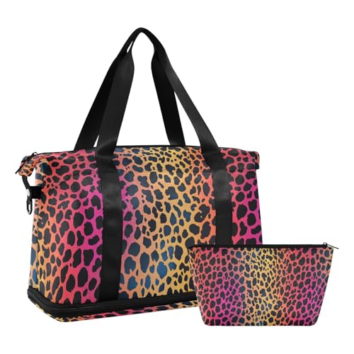 ALAZA Rainbow Color Leopard Spots Geometric Gym Bag Sports Duffel Bag with Shoes Compartment, Overnight Weekender Travel Tote Bag for Women Men Trip College
