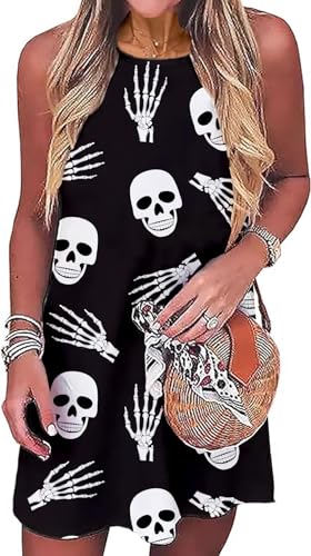 Image of Halloween Skeleton Sundresses Women Skull Print Sleeveless Pumpkin Face Jack O' Lantern Mini Tank Dress