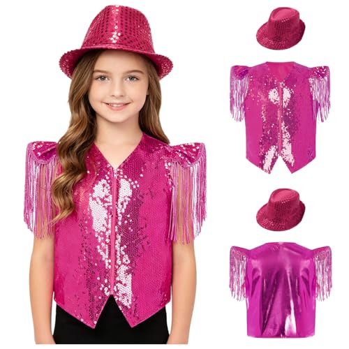 Veste danse brillante enfants paillettes argent costume fête chapeau rose