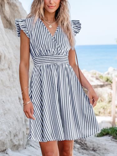 Image of CUPSHE Women's Mini Dress V Neck Flutter Sleeve Striped Smocked Waist A Line Short Summer Cocktail Dress