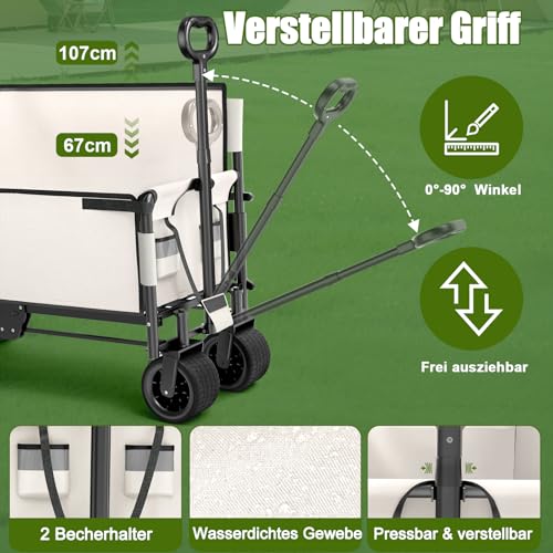 2-in-1-Bollerwagen Faltbar mit Bremsen: der Sich in einen 2-Personen-Stuhl umwandeln lässt, mit extra Breiten Geländerädern und verstellbarem Griff, 200KG 150L Faltbarer Outdoor-Wagen für Camping