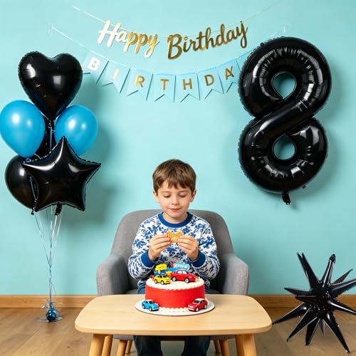 Image of TONIFUL 8th Birthday Balloons Kit 40 Inch Black Large Number 8 Foil Balloon | with 18Inch Helium Mylar Heart Star Balloons for Kids Women Men Birthday Anniversary Graduation New Year Eve Party Decoration