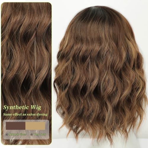 Image of AISI HAIR Curly Bob Wig with Bangs Short Wavy Toasted Brown Wigs for Women Bob Style Synthetic Heat Resistant Bob Wigs