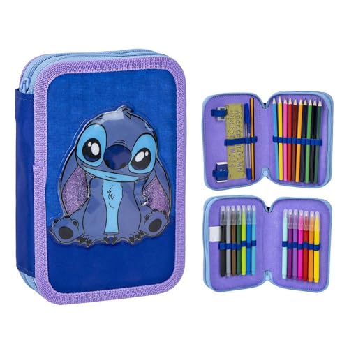 Estuche de 3 Compartimentos de Stitch - Color Azul - 12,5 x 4,5 x 19,5 cm - Fabricado con Poliéster y PVC - Cierre de Cremallera - Incluye Accesorios - Producto Original Diseñado en España
