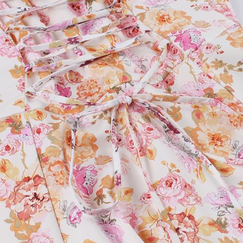 Image of Women Floral Corset Dress 2026 Boho Midi Sundress Summer Dress | Flowy A-Line Dress with Adjustable Spaghetti Straps Lace Up Back Front Slit High Waist for Vacation Wedding Guest