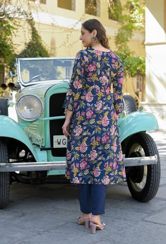 Image of FUNKY RICH Women's Cotton Straight Kurta Pant with V Neck Floral Printed Pattern 3 /4th Sleeves Calf Length Regular Fit and Dupatta Set | Womans Cotton Kurta Pant Set