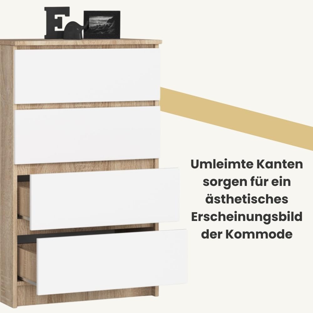 AKORD Kommode K60 60 cm | 4 Schubladen | Schrank | für das Wohnzimmer | für das Schlafzimmer | B60 x H99 x T40 cm | Gewicht 29,80 kg | Sonoma Eiche/Weiß