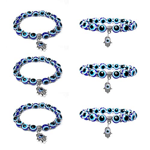 6 Pieces Evil Eye Beaded Charm Bracelets 8mm 10mm Vintage Blue Eye Bead Hamsa Stretch Bracelet Hand of Fatima Turkish Lucky Bracelet for Women Men Protection Blessing Jewelry