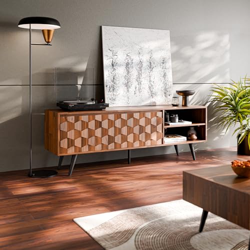 Image of Bme Georgina 65-Inch Solid Acacia Wood TV Stand, Quick Assembly Entertainment Center with Storage, Geometric Pattern Console for Living Room, Bedroom, and Dining Room, Dark Choco