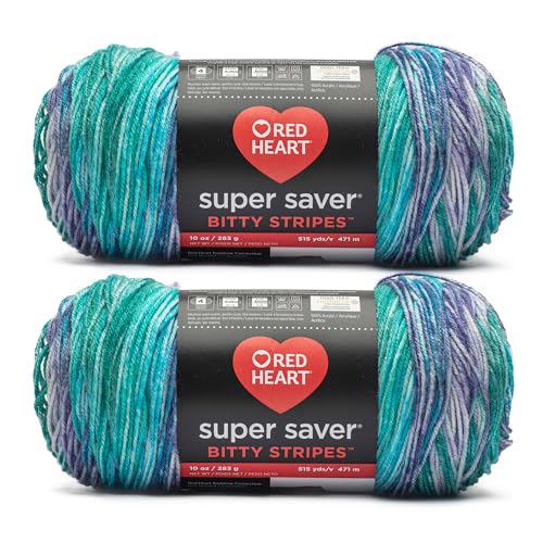 Red Heart Super Saver Bitty Stripes Mermaid Yarn - 2 Pack of 10oz/283g - 100% Acrylic - 4 Worsted (Medium) - 515 Yards - Knitting/Crochet