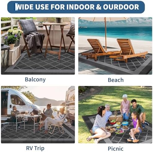MilleLoom Outdoor Rug Waterproof 9x12 Plastic Reversible Patio Rug with Carry Bag & Stakes, Geometric UV-Resistant Hose-Cleanable Foldable Floor Camping Mat for Balcony RV Backyard Black Grey — view 6