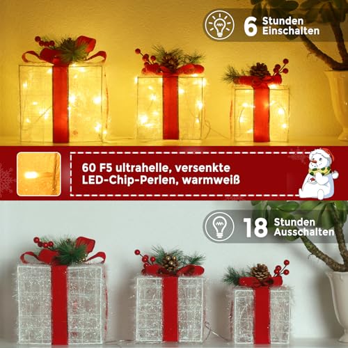 ELKTRY 3er Set LED Weihnachtsdeko innen, Geschenkboxen mit Schleife außen – Ansicht 4