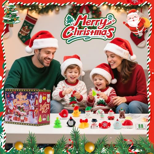 Image of Christmas Mochi Squishy Toys 24 Pack with Gift Card, Mini Squishy Toys, Christmas Stocking Stuffers, Party Favors for Kids, Stress Relief Toys, Goodie Bags Fillers (Christmas Red Box)