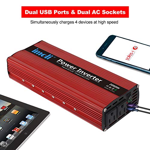 imoli 2000W Power Inverter, DC to AC 12V to 110V/120V, 4000W (Peak) Car Converter Automotive Modified Sine Wave Type with 2 Outlets and 2 USB Charging Ports