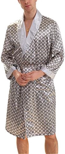BridalAffair Men's Summer Luxurious Kimono Robe Soft Satin Bathrobe Long-Sleeve Nightgown Printed Pajamas Silver Gray