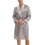 BridalAffair Men's Summer Luxurious Kimono Robe Soft Satin Bathrobe Long-Sleeve Nightgown Printed Pa