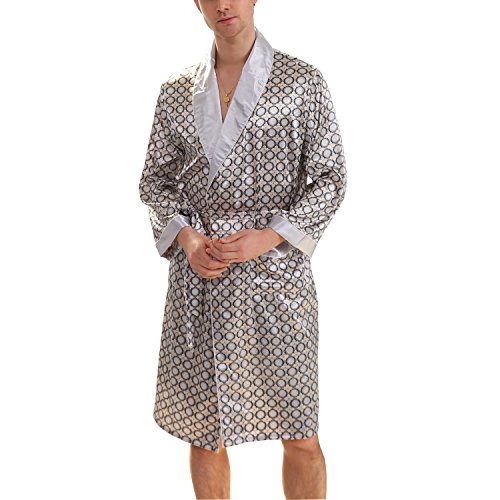 Bridalaffair Men's Summer Luxurious Kimono Robe Soft Satin Bathrobe Long-Sleeve Nightgown Printed Pajamas Silver Gray #TOP27