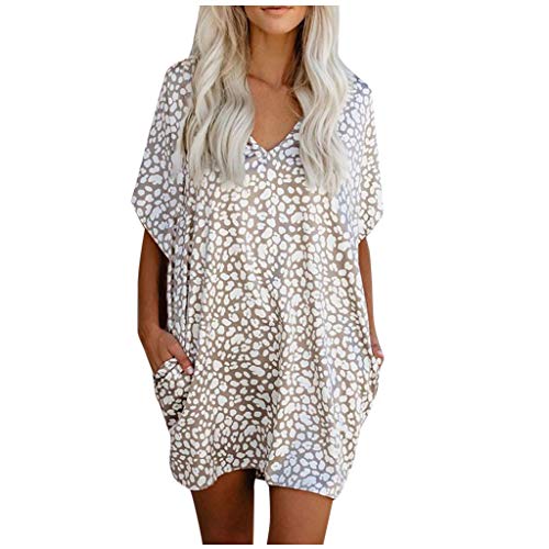 Amazing Deal Dosoop Women Summer V Neck Leoprad Short Sleeve Dress Loose Casual Swing Tunic Beach Mi...