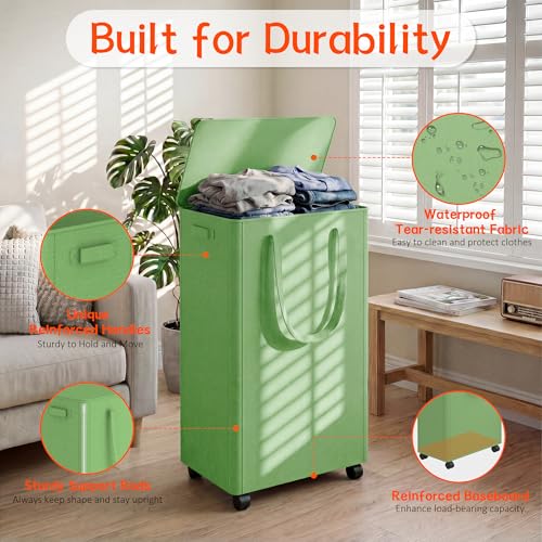 Image of Slim Laundry Hamper with Wheels,20 Gal (75L) Rolling Laundry Basket with lid and wheels Clothes Hamper Foldable Tall Dirty Clothes Basket Sturdy Collapsible Clothes Hamper for Dorm,Laundry Room
