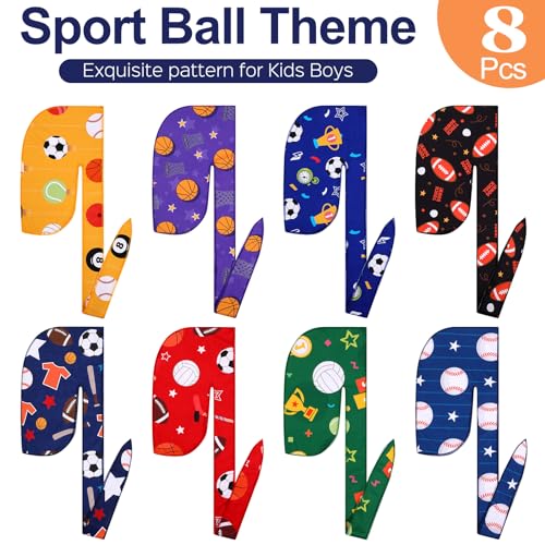Leumoi 8 Pcs Kids Silky Durags for Boys, Sports Ball Theme Long Tail Satin Headwrap Durag for Baby Toddler Child2