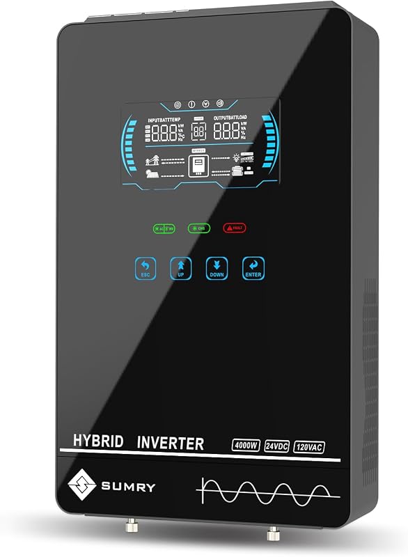 SUMRY Hybrid Solar Inverter, 4000W DC24V to AC120V Pure Sine Wave Power | Glass Top Cover with LCD Display, 140A MPPT Charge Controller, Supports Battery-less or AGM Lithium Battery, Off Grid