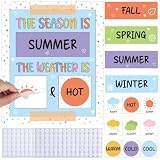 Pastel Watercolor Season and Weather Calendar Bulletin Board Season Calendar Posters with Weather Cards Hook and Loop Dots for Classroom Wall Decor Preschool Kindergarten Student Teacher Supplies