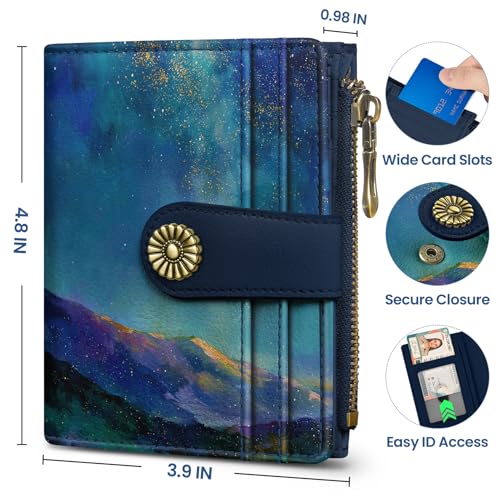 Image of Small Wallet for Women, RFID Blocking Bifold Card Holder Wallet with 10 Card Slots, Cash Compartment, Zipper Coin Pocket & ID Window, Cute Soft Vegan Leather Compact Wallet, Starlit Peaks