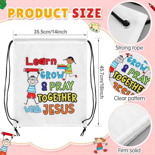 Kacctyen 24 Pcs Religious Drawstring Backpack Christian Learn Grow Pray Together with Jesus Drawstring Bags Bible Verse Religious Gift Bags for Vbs Sunday School Church Back to School Party Favors2