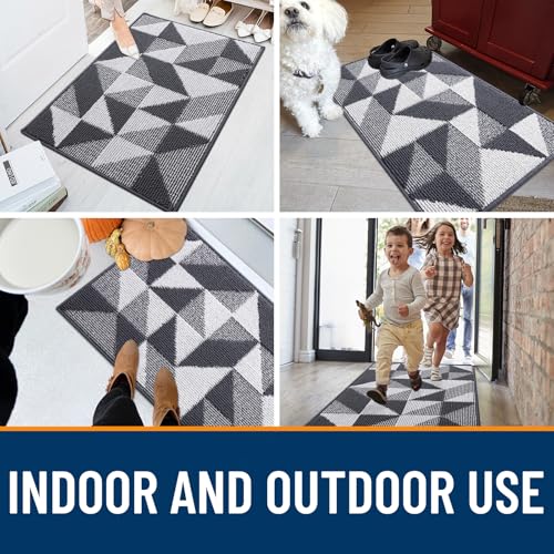 Image of OLANLY Door Mat Indoor Entrance Washable 47x23, Odor-Free Low-Profile Front Back Geometric Doormat, Absorbent Resist Dirt Entry Carpet, Easy to Clean Sturdy Inside Floor Mats for Entryway, Dark Grey