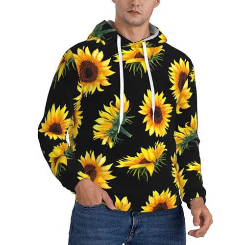 Sweat à capuche noir et jaune pour homme avec motif tournesol en polaire décontracté