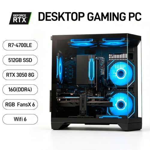 Image of Gaming PC Desktop Computer, GeForce RTX 3050 8GB GDDR6, Ryzen 7 4700LE | 16GB DDR4 RAM, 512GB NVMe SSD, WiFi 6 Prebuilt Tower for Gaming, Streaming, Content Creation, Home Office & Students