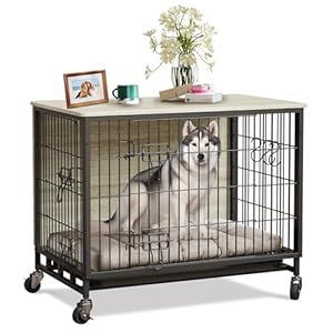 Dog Crate Furniture, 27.2″ Modern Double-Door Dog House with Pull-Out Tray, Heavy-Duty Wooden Kennel & Removable Wheels, Side Table for Small Dog Sizes, Rustic Gray