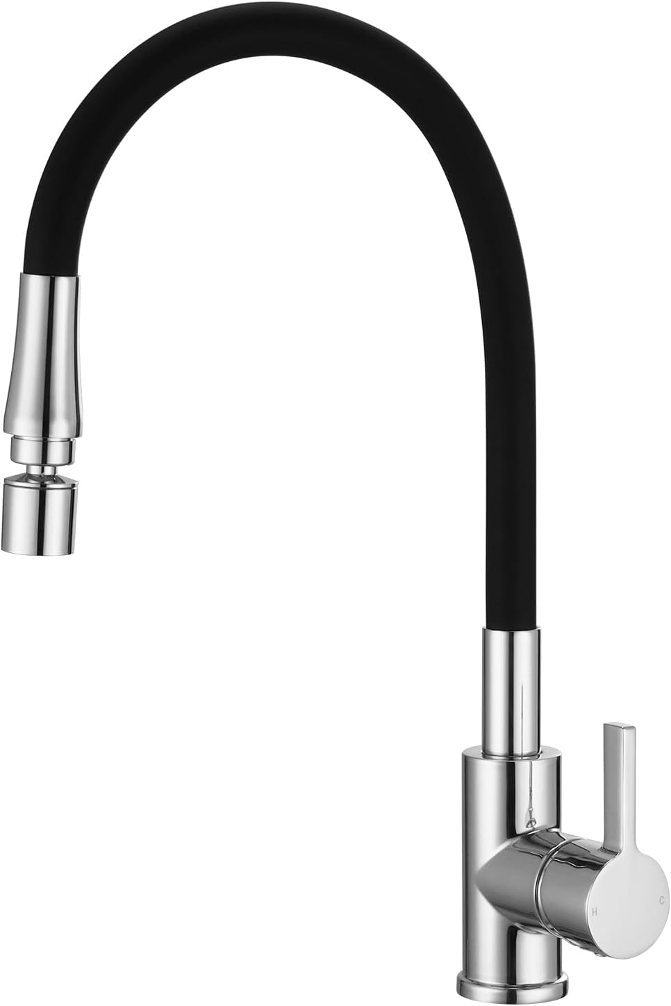 Flexible Kitchen Sink Mixer Tap Single Lever Black and Chrome Kitchen Tap with Flexible Hose Bendable Sink Taps Flexi Silicone Hose with Dual Function Aerator 360° Swivel