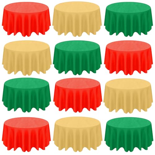 Image of CIEOVO 12 Pcs Christmas Round Disposable Table Cover 84 inch Assorted Color Tablecloth Red Green Gold Waterproof Table Cloth for Xmas Party Supplies Christmas Wedding Outdoor Decorations
