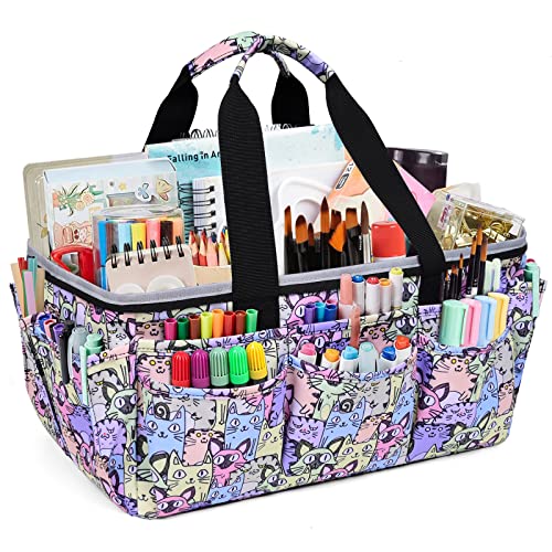 VOSDANS Multi-Functional Tote Craft Bag Desktop File Folder Carrying Bag With Pockets For Art,Craft,Sewing, Travel, Daily Use,Office (cat)