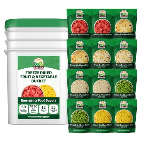 Image of Valley Food Storage Freeze Dried Fruit & Vegetable Bucket | 12 Pouches Variety Pack | Non-GMO Premium Emergency Food Supply, 25 Year Shelf Life | Prepper Food Supplies for Camping & Long-Term Storage