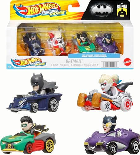 Hot Wheels RacerVerse 4er Set Die-Cast Spielzeugautos im Maßstab 1:64 optimiert für das Fahren auf der Piste Hot Wheels mit Figuren aus der Popkultur als Piloten