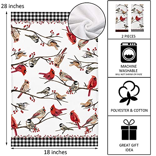 Seliem Bird Tree Branch Kitchen Dish Towel Set Of 2, Cardinal Chickadee Berry Red Black Buffalo Plaid Check Tea Hand Drying Baking Cloth, Farmhouse Winter Xmas Christmas Decor Home Decorations 18 X 28 #TOP2