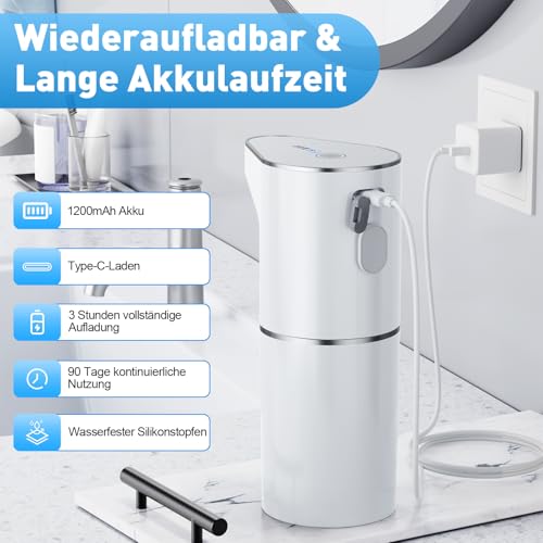 Fantictas Automatischer Seifenspender, berührungslos, Wandmontage, wiederaufladbar, 3-stufig Einstellbarer elektrischer Seifenspender 350ml mit Infrarot-Bewegungssensor für Badezimmer, Küche,Weiß 5